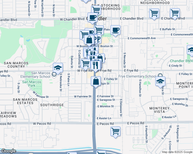 map of restaurants, bars, coffee shops, grocery stores, and more near 303 Arizona 87 in Chandler