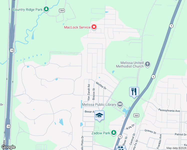 map of restaurants, bars, coffee shops, grocery stores, and more near 3702 Bastrop Street in Melissa
