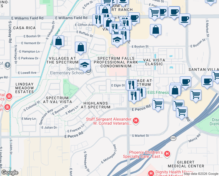 map of restaurants, bars, coffee shops, grocery stores, and more near 2878 South Rock Street in Gilbert