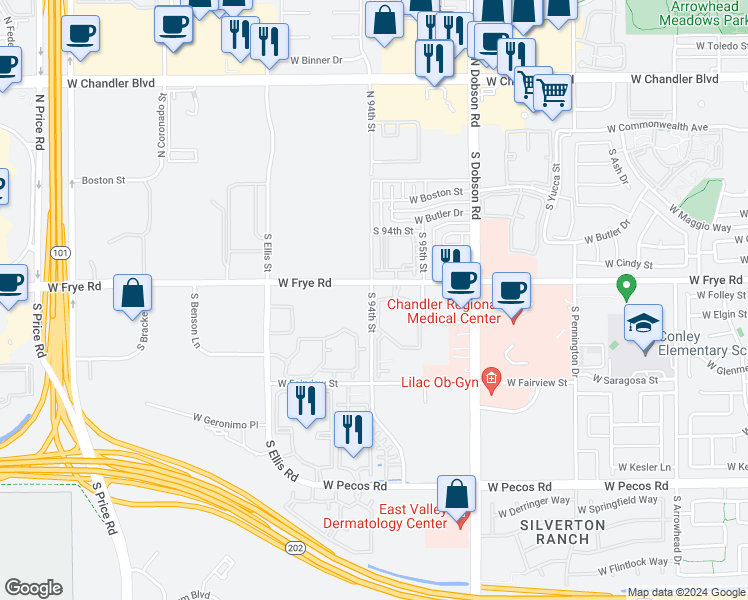 map of restaurants, bars, coffee shops, grocery stores, and more near 13 South 94th Street in Chandler