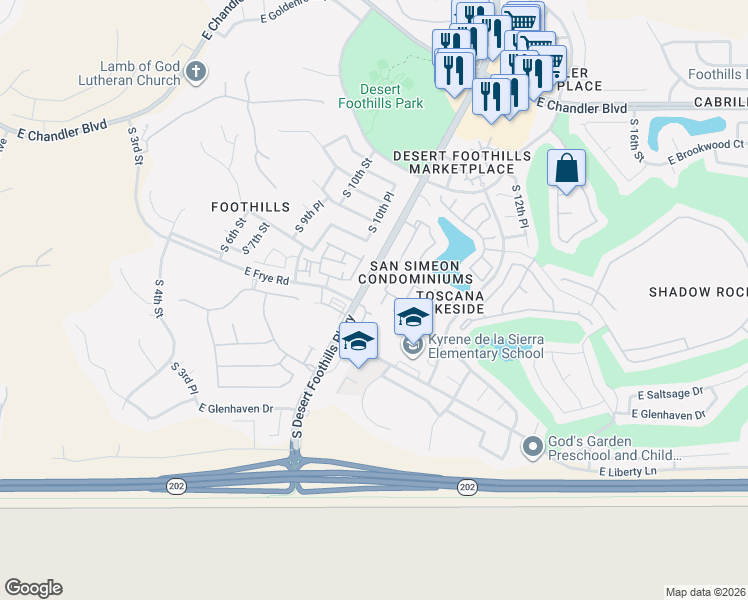 map of restaurants, bars, coffee shops, grocery stores, and more near 16013 South Desert Foothills Parkway in Phoenix