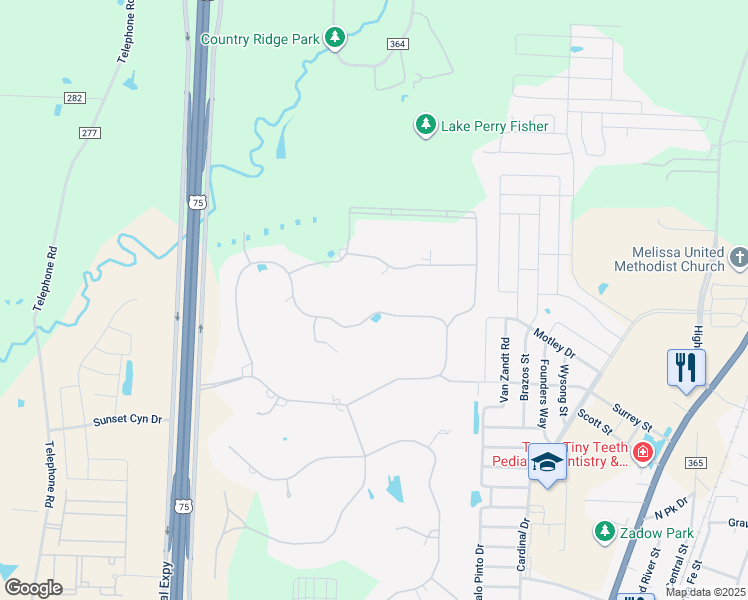 map of restaurants, bars, coffee shops, grocery stores, and more near 8 Shady Bend Drive in Melissa