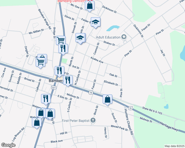 map of restaurants, bars, coffee shops, grocery stores, and more near 117 3rd Street in Bamberg