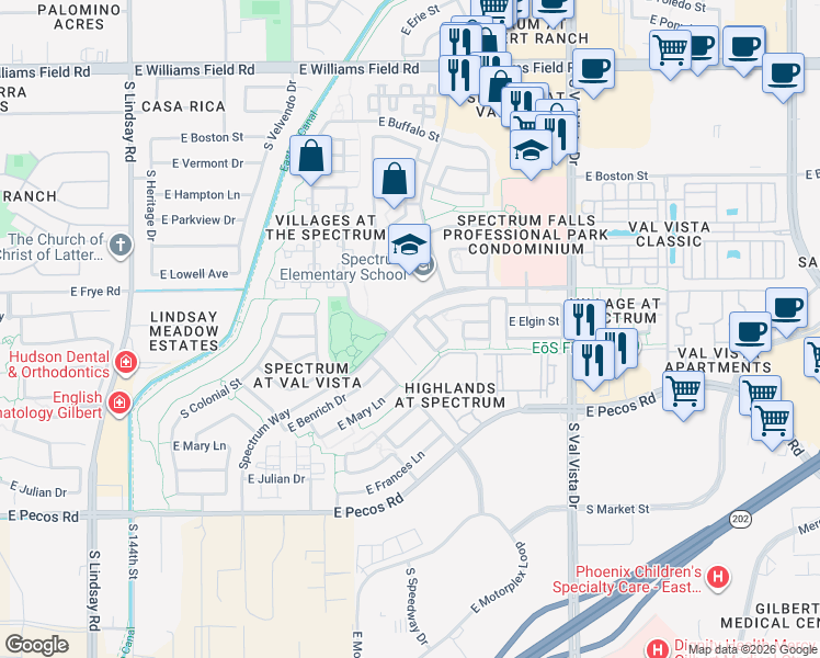 map of restaurants, bars, coffee shops, grocery stores, and more near 2874 South Nielson Street in Gilbert