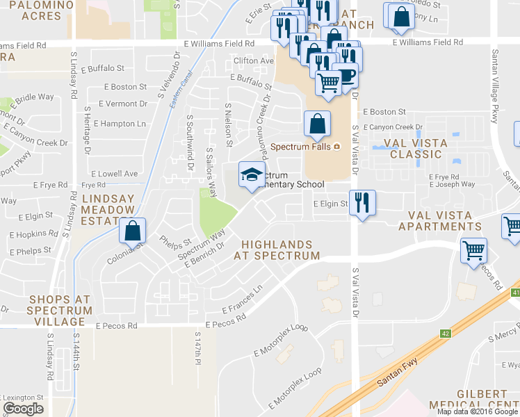 map of restaurants, bars, coffee shops, grocery stores, and more near 2874 South Nielson Street in Gilbert
