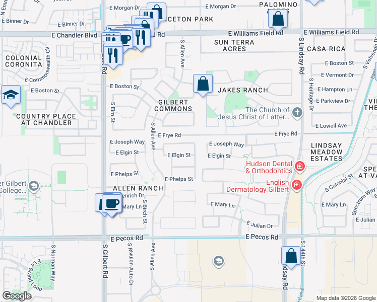 map of restaurants, bars, coffee shops, grocery stores, and more near 319 East Joseph Way in Gilbert