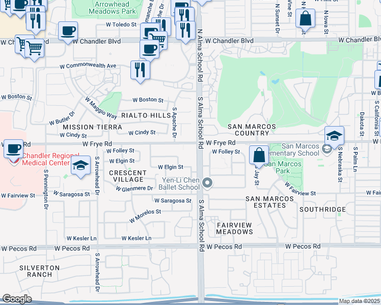 map of restaurants, bars, coffee shops, grocery stores, and more near 350 South Alma School Road in Chandler