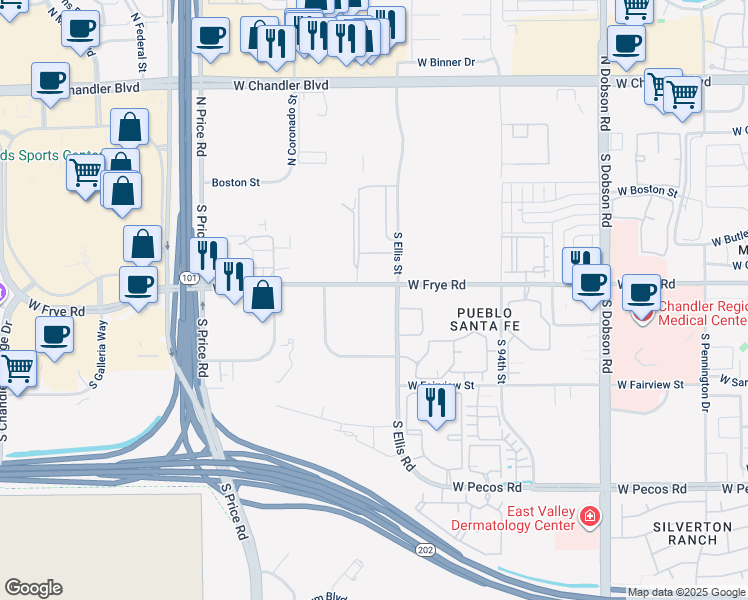 map of restaurants, bars, coffee shops, grocery stores, and more near 2525 West Frye Road in Chandler