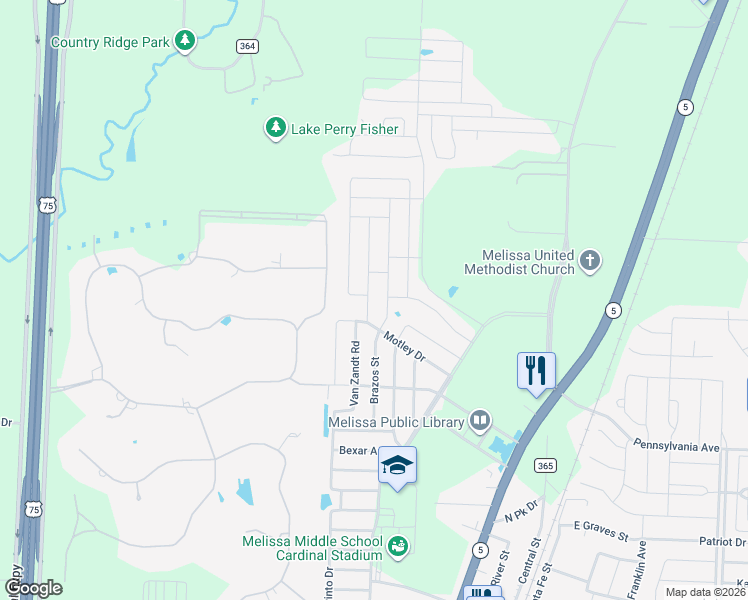 map of restaurants, bars, coffee shops, grocery stores, and more near 3702 Bastrop Street in Melissa