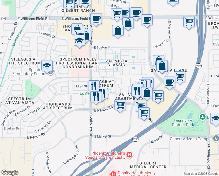 map of restaurants, bars, coffee shops, grocery stores, and more near 1723 East Joseph Way in Gilbert
