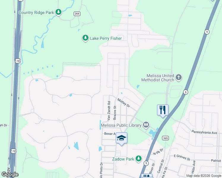 map of restaurants, bars, coffee shops, grocery stores, and more near 3702 Bastrop Street in Melissa