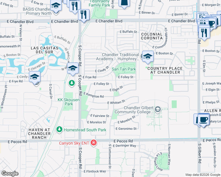 map of restaurants, bars, coffee shops, grocery stores, and more near 2270 East Elgin Street in Chandler