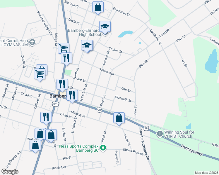 map of restaurants, bars, coffee shops, grocery stores, and more near 4189 Faust Street in Bamberg