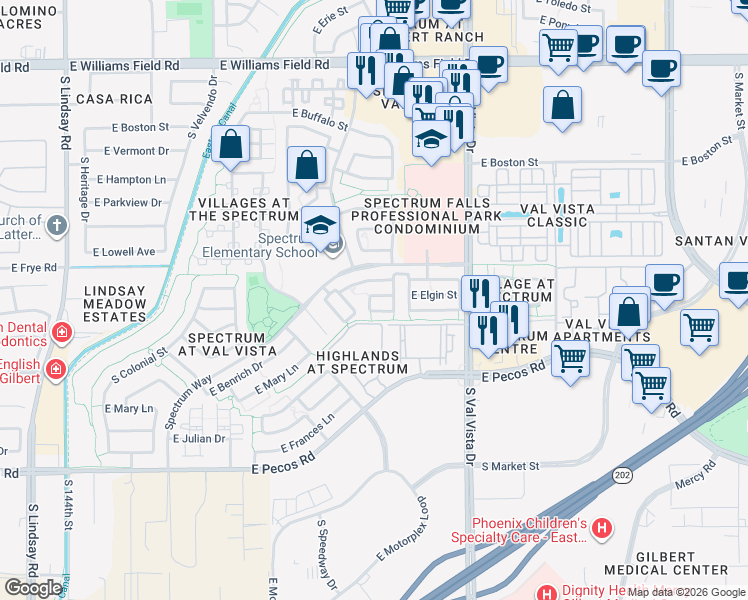 map of restaurants, bars, coffee shops, grocery stores, and more near 1409 East Elgin Street in Gilbert