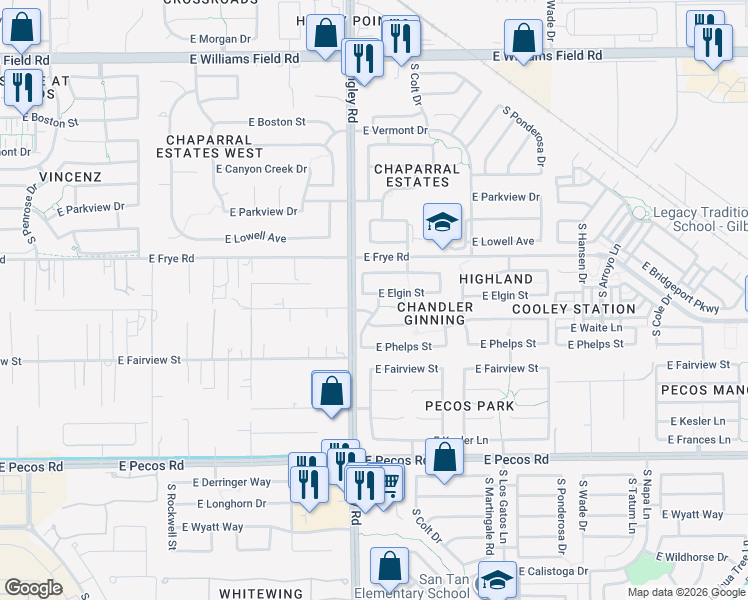 map of restaurants, bars, coffee shops, grocery stores, and more near 3239 East Elgin Street in Gilbert
