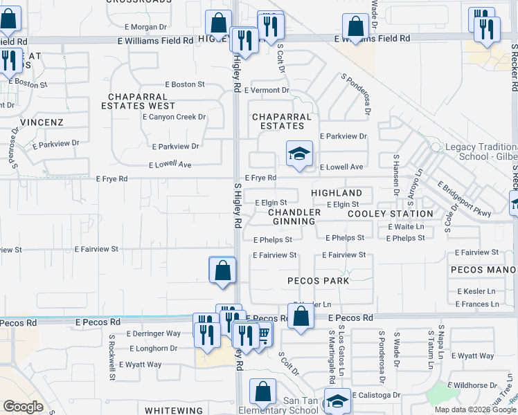 map of restaurants, bars, coffee shops, grocery stores, and more near 3259 East Elgin Street in Gilbert