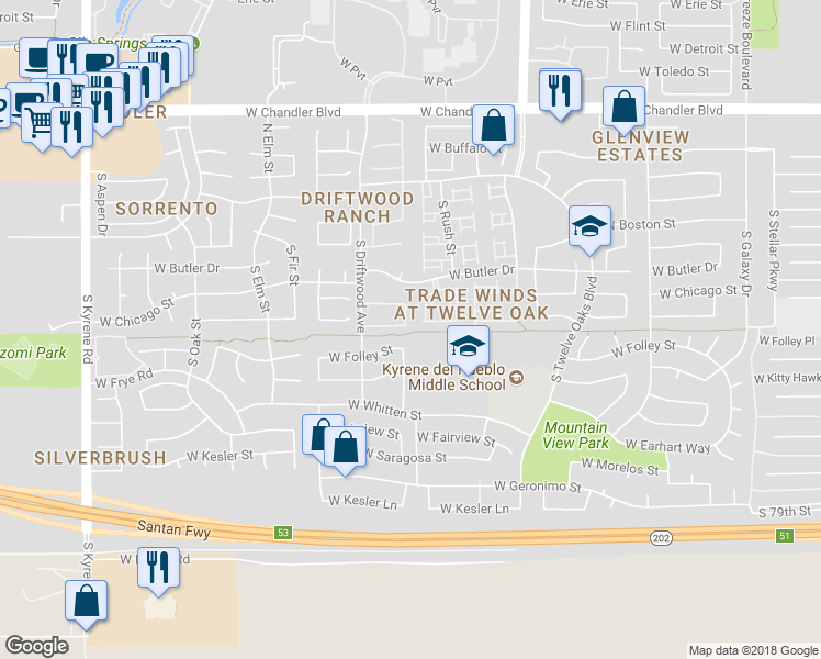 map of restaurants, bars, coffee shops, grocery stores, and more near 281 South Forest Drive in Chandler