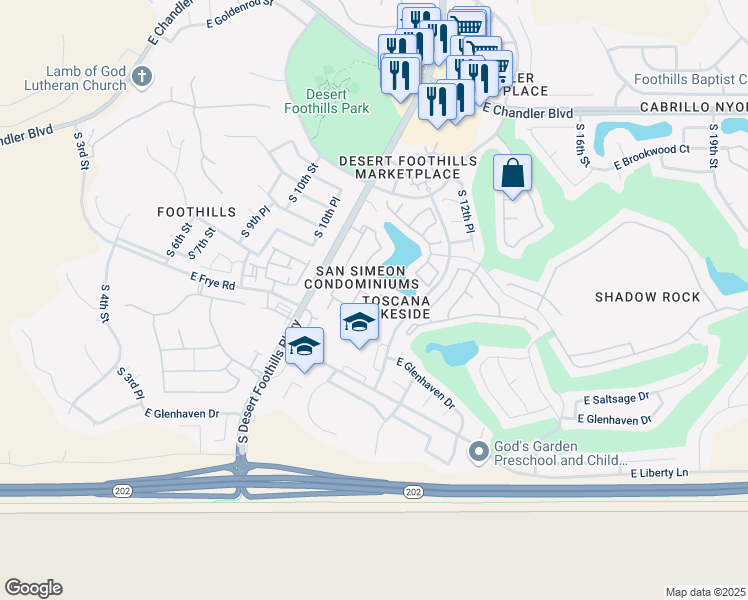 map of restaurants, bars, coffee shops, grocery stores, and more near 16013 South Desert Foothills Parkway in Phoenix