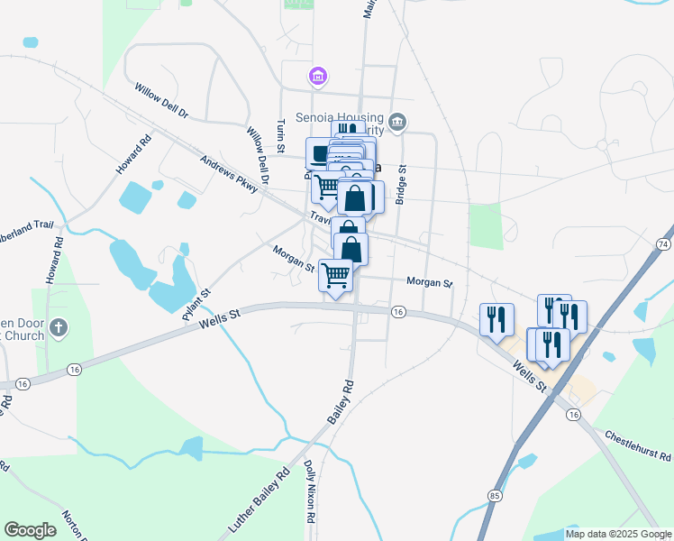 map of restaurants, bars, coffee shops, grocery stores, and more near 124 Morgan Street in Senoia