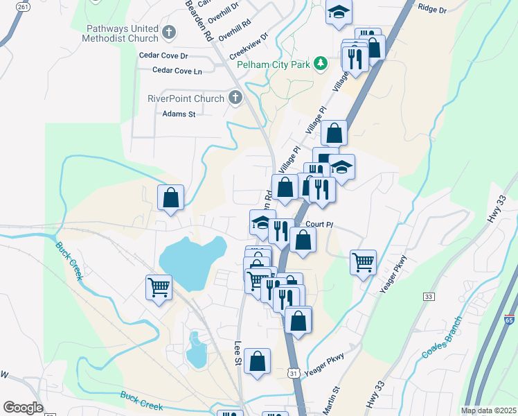 map of restaurants, bars, coffee shops, grocery stores, and more near 117 Chase Creek Circle in Pelham