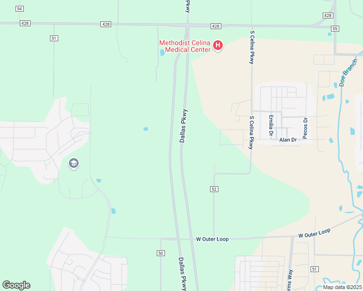 map of restaurants, bars, coffee shops, grocery stores, and more near Dallas Parkway in Celina