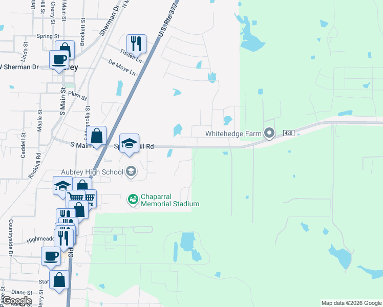 map of restaurants, bars, coffee shops, grocery stores, and more near 584 Spring Hill Road in Aubrey
