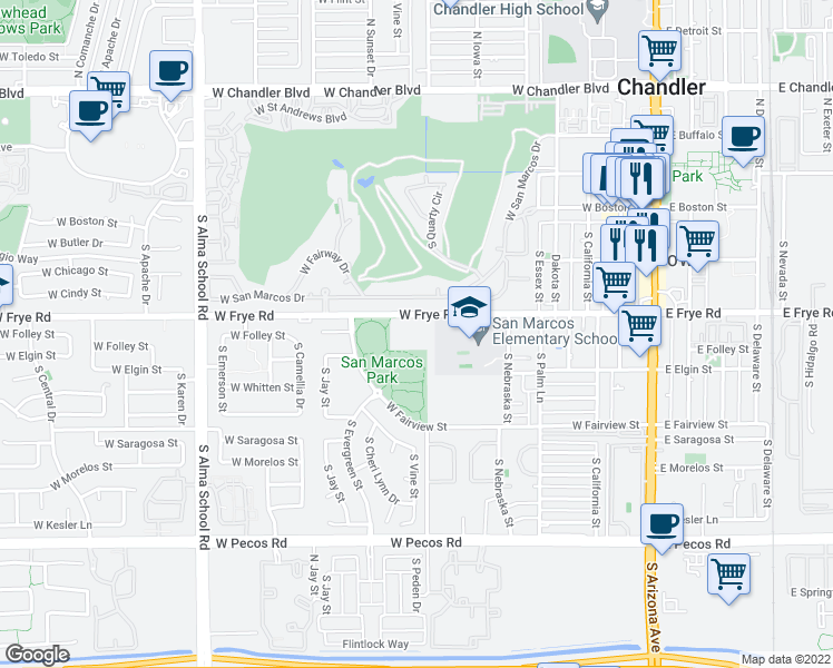 map of restaurants, bars, coffee shops, grocery stores, and more near 703 West Frye Road in Chandler