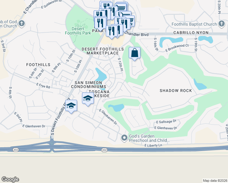 map of restaurants, bars, coffee shops, grocery stores, and more near 16253 South 12th Place in Phoenix