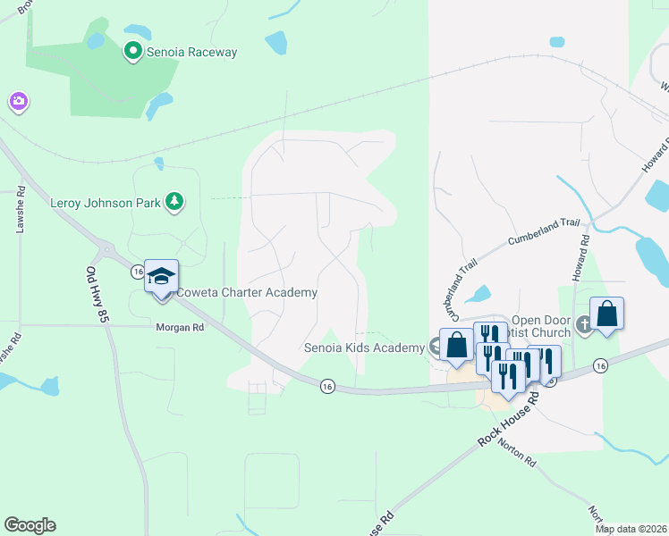 map of restaurants, bars, coffee shops, grocery stores, and more near 220 Kenwood Trail in Senoia