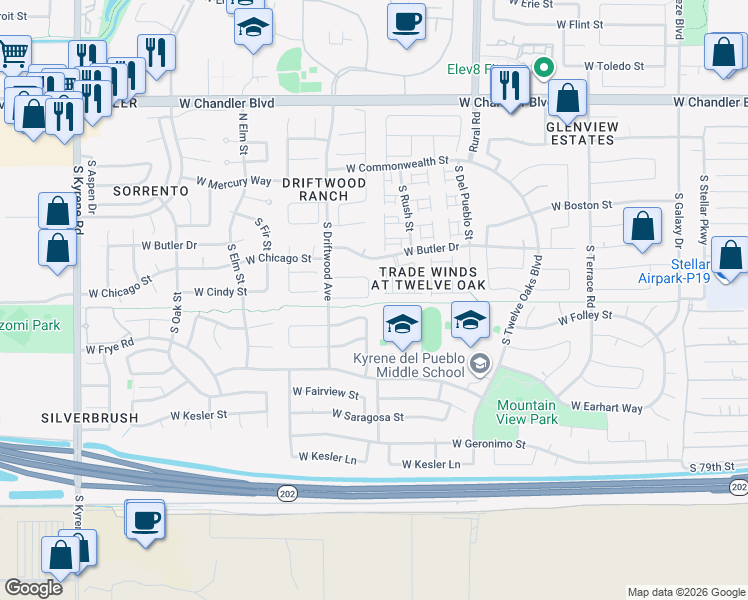 map of restaurants, bars, coffee shops, grocery stores, and more near 281 South Forest Drive in Chandler
