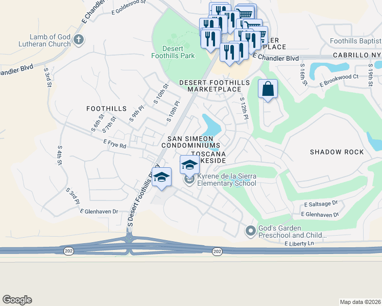 map of restaurants, bars, coffee shops, grocery stores, and more near 16013 South Desert Foothills Parkway in Phoenix
