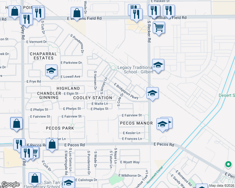 map of restaurants, bars, coffee shops, grocery stores, and more near 3788 East Sexton Street in Gilbert