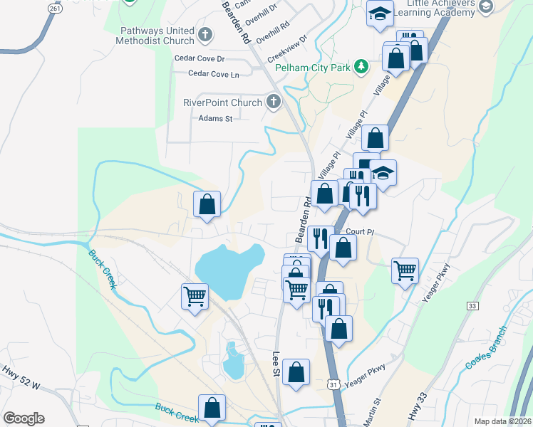 map of restaurants, bars, coffee shops, grocery stores, and more near 156 Chase Creek Circle in Pelham