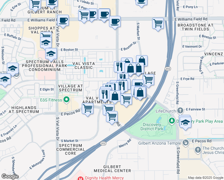map of restaurants, bars, coffee shops, grocery stores, and more near 3004 South Market Street in Gilbert
