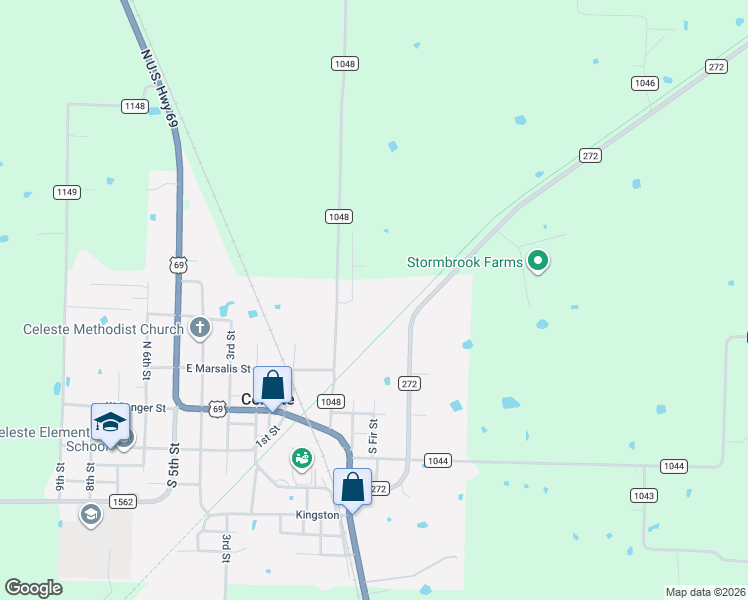 map of restaurants, bars, coffee shops, grocery stores, and more near 1001 North Atkins Drive in Celeste