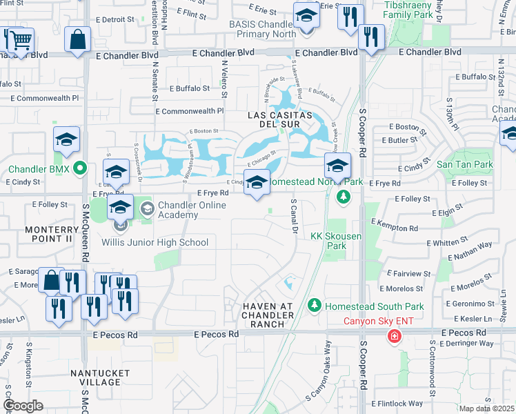 map of restaurants, bars, coffee shops, grocery stores, and more near 1625 East Frye Road in Chandler