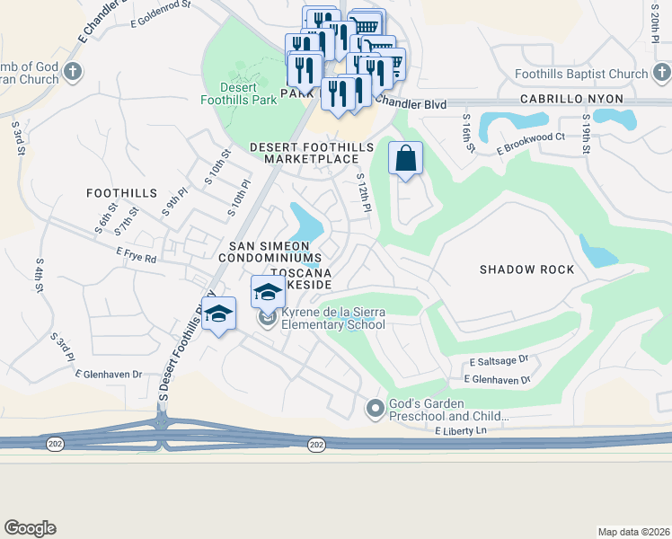map of restaurants, bars, coffee shops, grocery stores, and more near 16245 South 12th Place in Phoenix