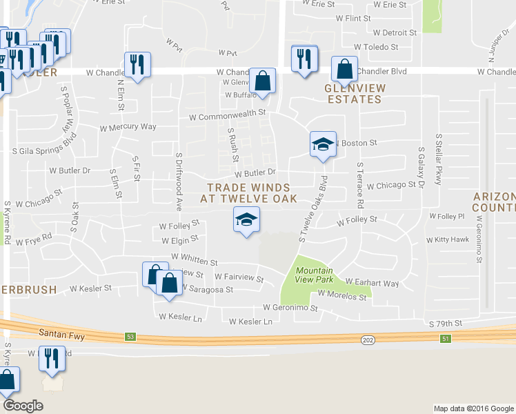map of restaurants, bars, coffee shops, grocery stores, and more near 5053 W Chicago Circle South in Chandler