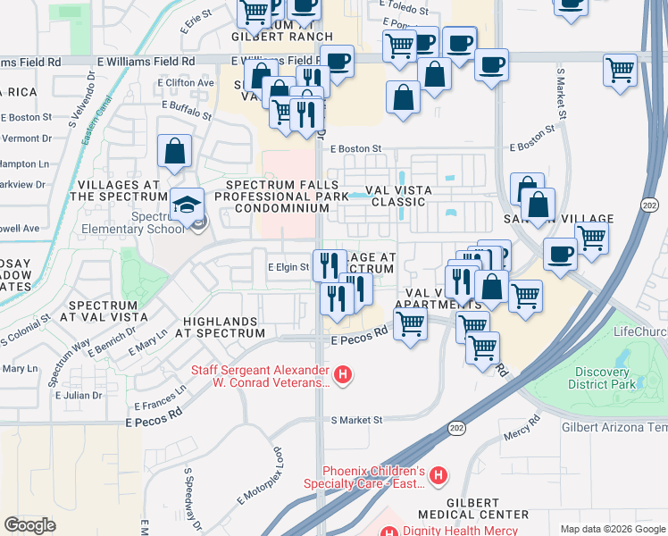 map of restaurants, bars, coffee shops, grocery stores, and more near 1659 East Joseph Way in Gilbert