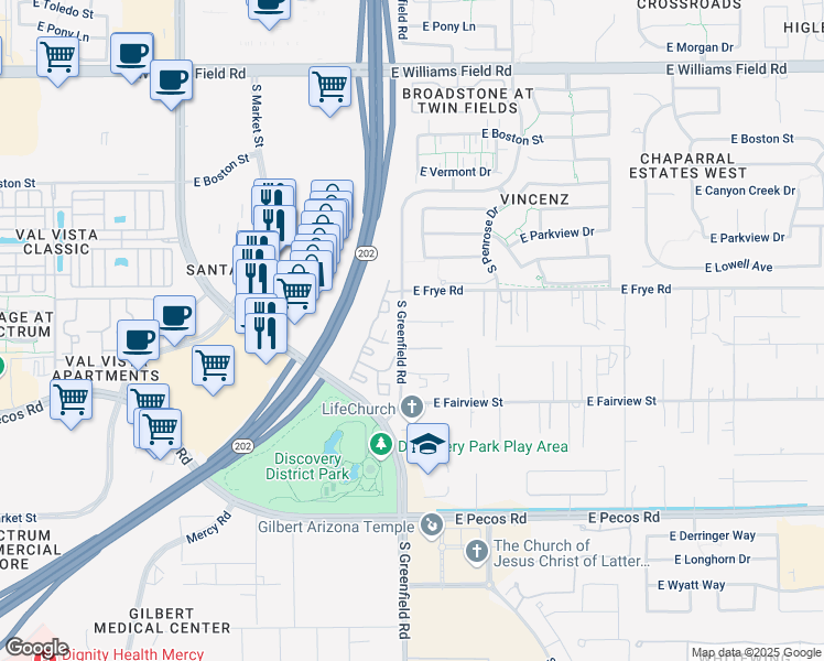 map of restaurants, bars, coffee shops, grocery stores, and more near 16509 South Greenfield Road in Gilbert
