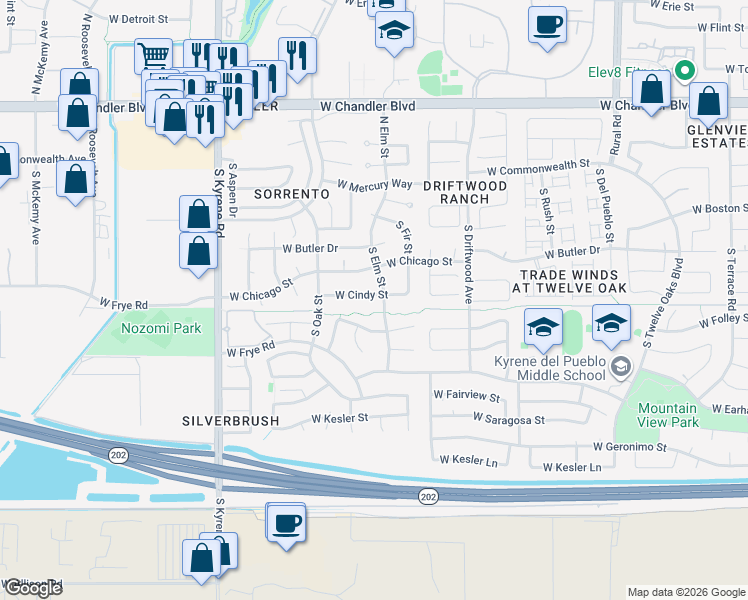 map of restaurants, bars, coffee shops, grocery stores, and more near 5607 West Cindy Street in Chandler