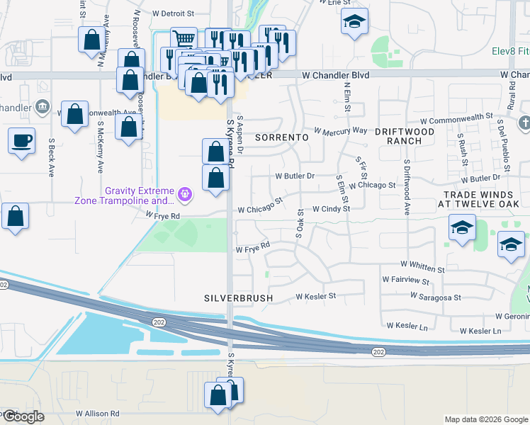map of restaurants, bars, coffee shops, grocery stores, and more near 5821 West Chicago Street in Chandler