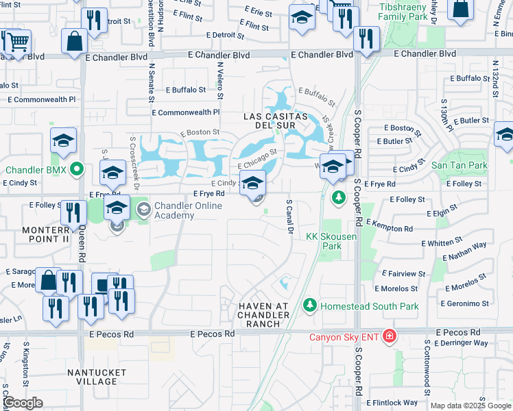 map of restaurants, bars, coffee shops, grocery stores, and more near 1625 East Frye Road in Chandler