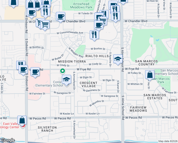 map of restaurants, bars, coffee shops, grocery stores, and more near 1380 West Folley Street in Chandler