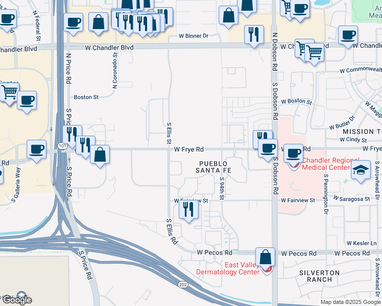 map of restaurants, bars, coffee shops, grocery stores, and more near 2307-2479 West Frye Road in Chandler