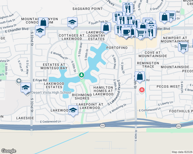 map of restaurants, bars, coffee shops, grocery stores, and more near 16226 South 37th Way in Phoenix