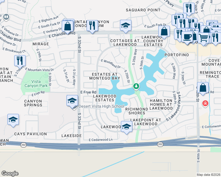 map of restaurants, bars, coffee shops, grocery stores, and more near 3376 East Tanglewood Drive in Phoenix