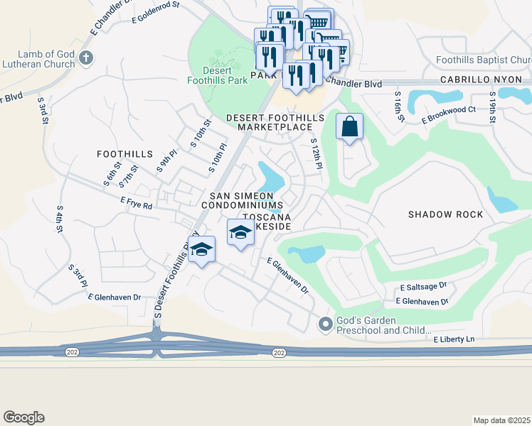map of restaurants, bars, coffee shops, grocery stores, and more near 16013 South Desert Foothills Parkway in Phoenix