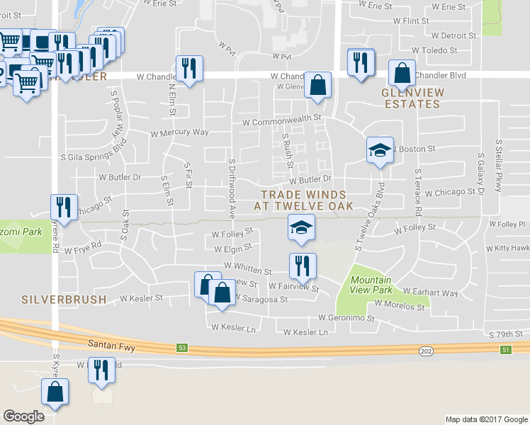map of restaurants, bars, coffee shops, grocery stores, and more near 281 South Forest Drive in Chandler