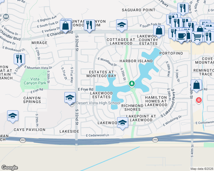 map of restaurants, bars, coffee shops, grocery stores, and more near 3376 East Tanglewood Drive in Phoenix